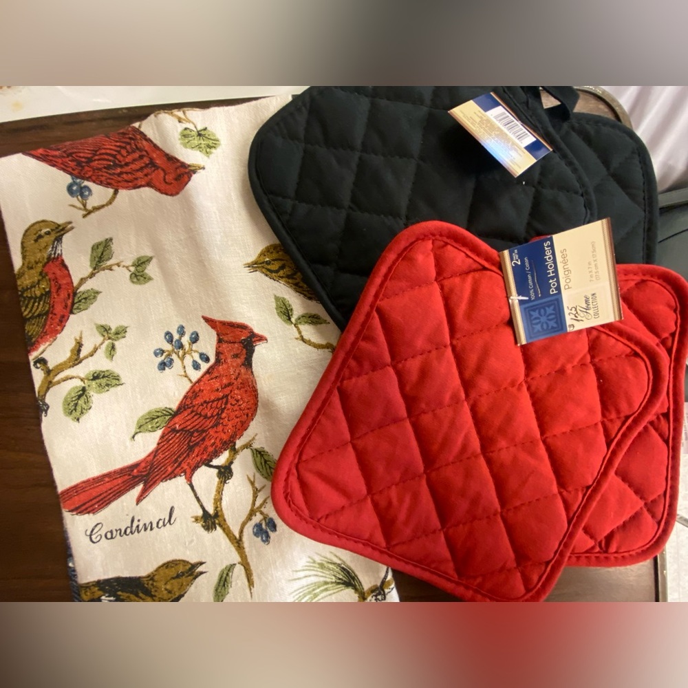 Vtg Fallani & Cohn Bird Print Tea Towel & 2 sets, NWT potholders in red & black